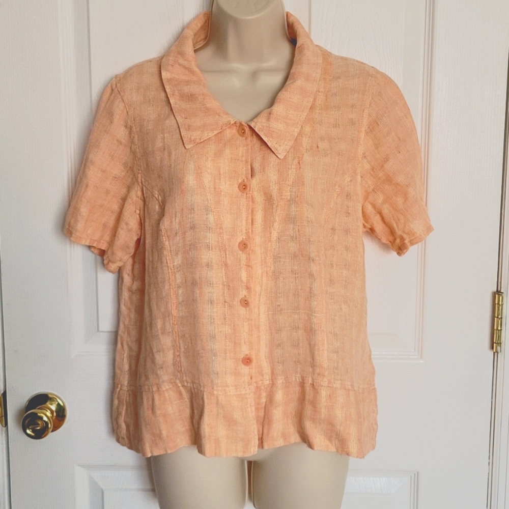 Vintage Flax peach button up lagenlook multicolored line short sleeve to…
